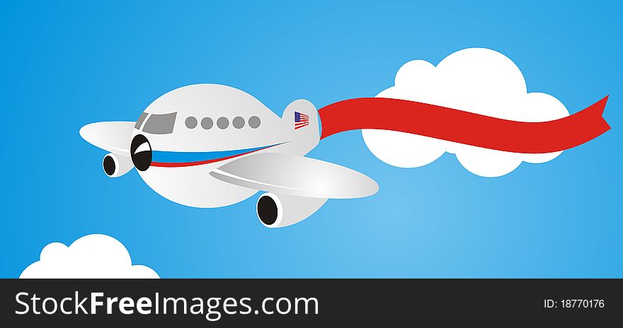 Cartoon illustration of a flying plane with a banner flutters. Cartoon illustration of a flying plane with a banner flutters