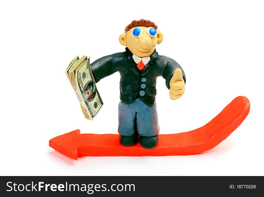 Shot of a plasticine businessman in a suit holding money. Isolated over white background. Shot of a plasticine businessman in a suit holding money. Isolated over white background.