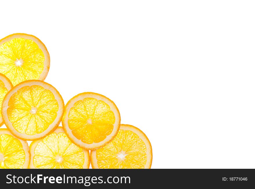 Frame created of orange fruit slices and full oranges isolated on white background. Frame created of orange fruit slices and full oranges isolated on white background