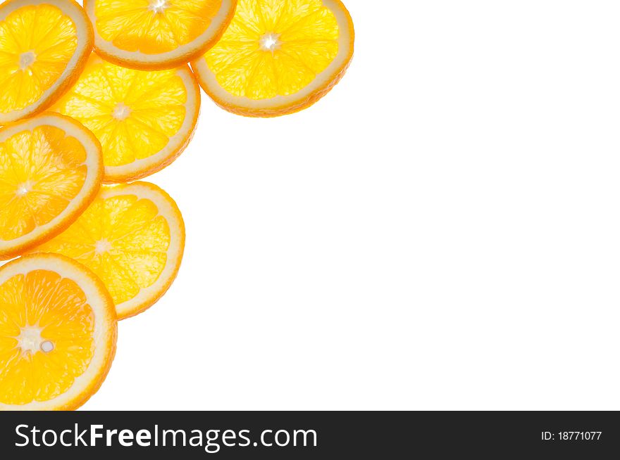 Frame created of orange fruit slices and isolated on white background. Frame created of orange fruit slices and isolated on white background