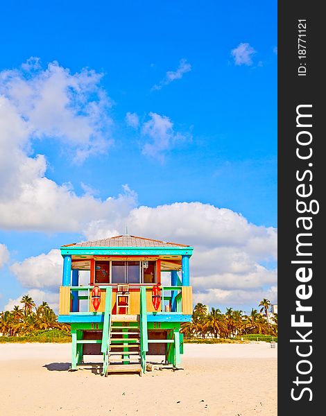 Wooden colorful beach watch hut at the beautiful white beach. Wooden colorful beach watch hut at the beautiful white beach