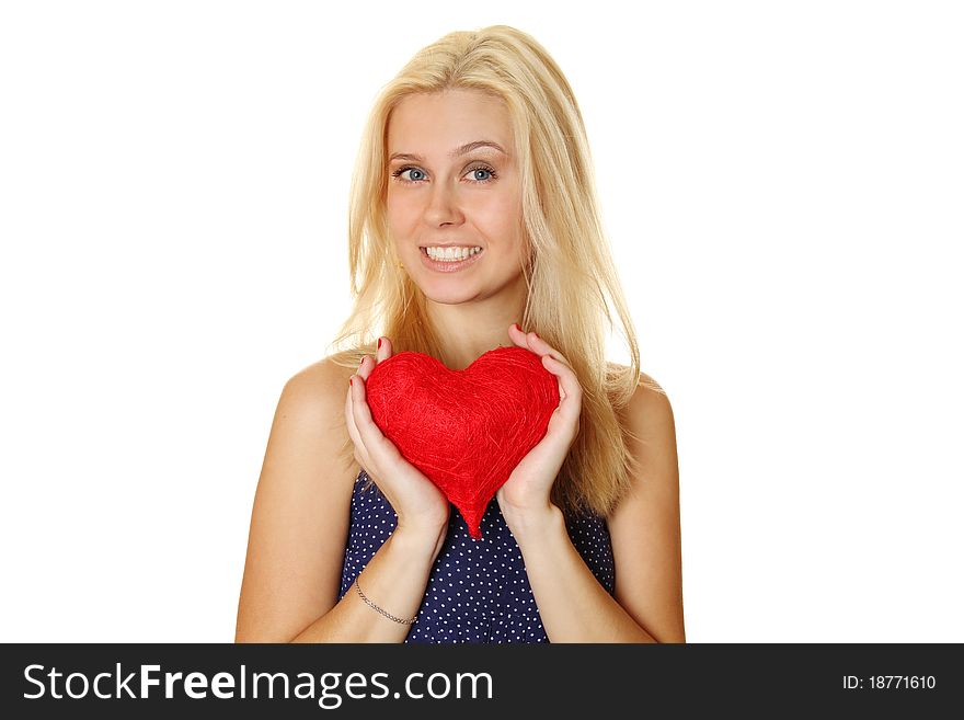 Young attractive happy woman holding big red heart. Isolated on a white background. Young attractive happy woman holding big red heart. Isolated on a white background