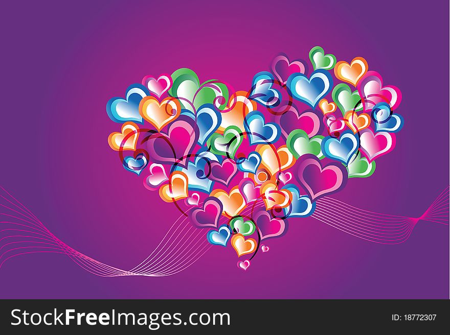 Vector heart from hearts on a violet background with a ribbon. Vector heart from hearts on a violet background with a ribbon