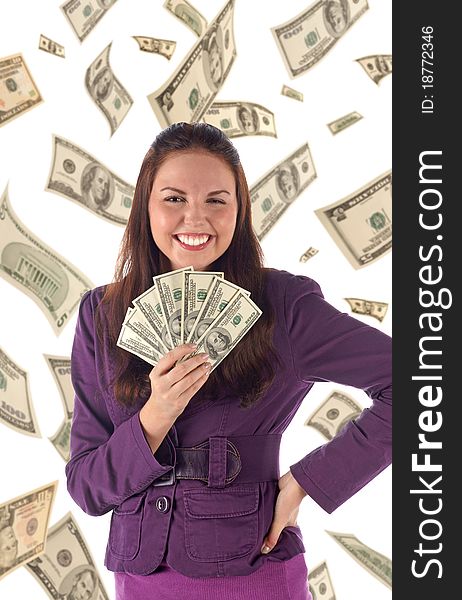 Happy Businesswoman On Dollars Background