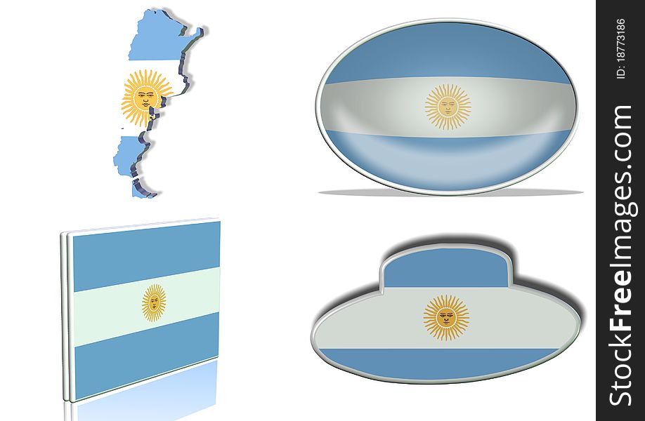 Argentinian flag in 4 different designs, in shape of the country, oval shape, flat on an angle, in a shape of a national symbol. Argentinian flag in 4 different designs, in shape of the country, oval shape, flat on an angle, in a shape of a national symbol