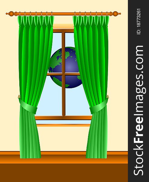 Illustration showing a room with a window and curtains looking towards Earth. Illustration showing a room with a window and curtains looking towards Earth.