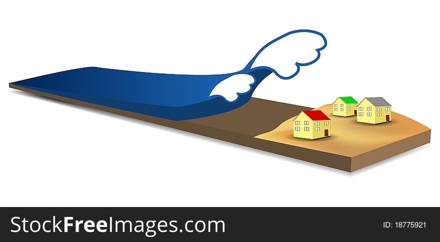 Tsunami illustration with waves coming to shore from ocean. Tsunami illustration with waves coming to shore from ocean