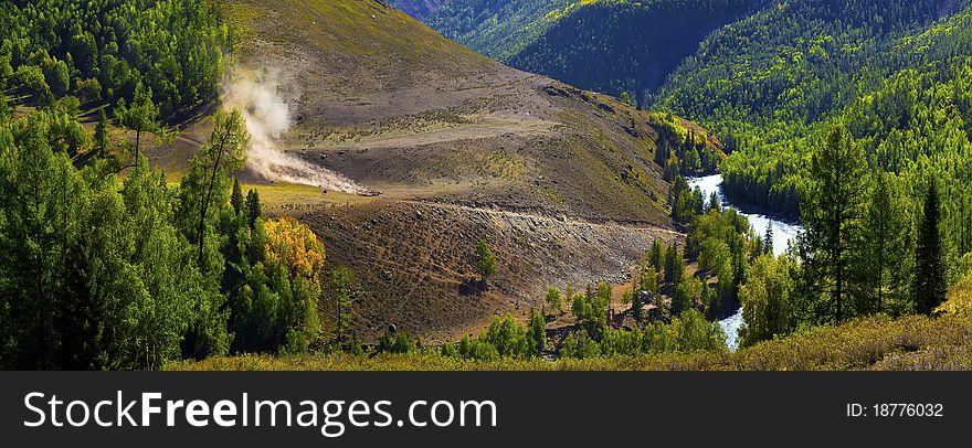 A Lanscapes of River Bend in Kanas of Xinjiang. A Lanscapes of River Bend in Kanas of Xinjiang