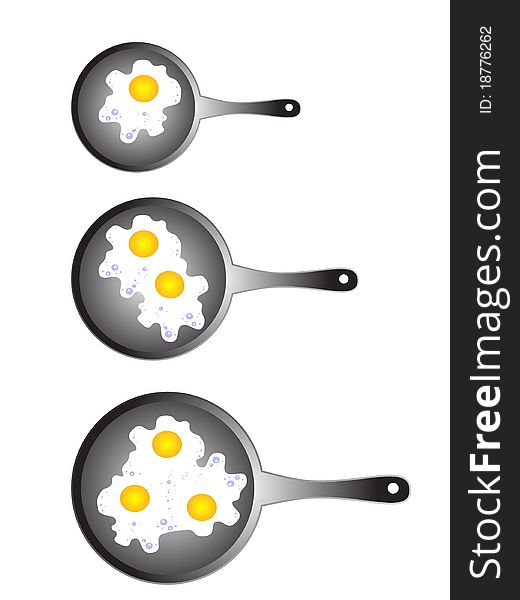 Vector isolated images of three pans. At each of the different amounts of fried eggs. Vector isolated images of three pans. At each of the different amounts of fried eggs.