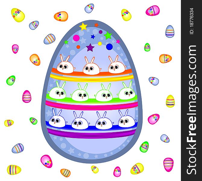 On Easter egg painted rabbits. Vector isolated figure.