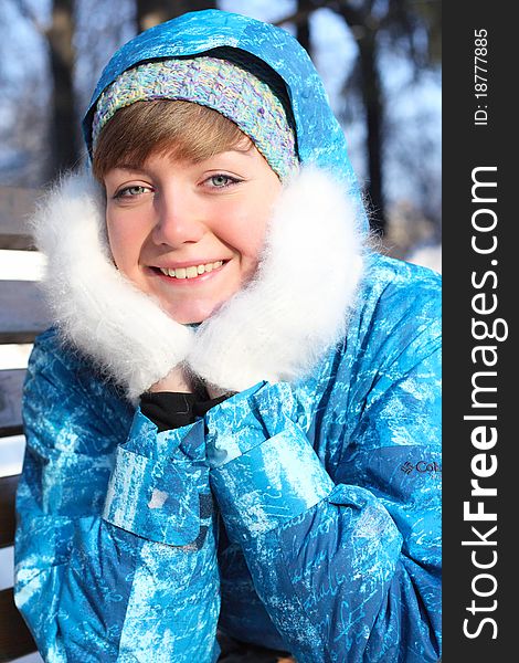 Girl Lay On A Bench. Winter