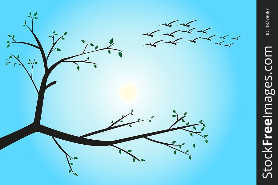 Spring of a bird and tree on a background of the blue sky. Spring of a bird and tree on a background of the blue sky