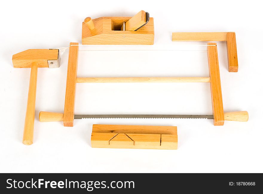 Child joiner's tools on white background