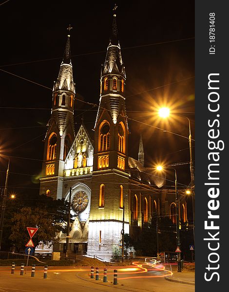 Beautiful church at night in Timisoara, Romania