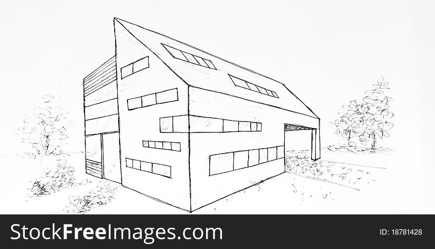 Modern Building Drawing Made With Black Ink