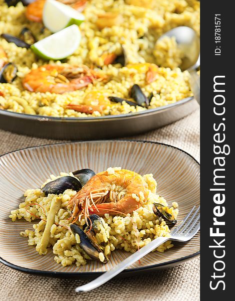 Still life of paella with seafood