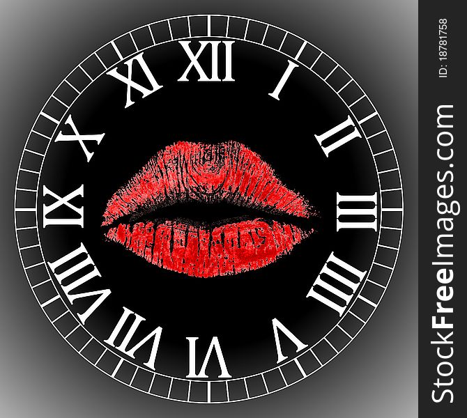 Print of female lips on a gadient background at clock face. Print of female lips on a gadient background at clock face