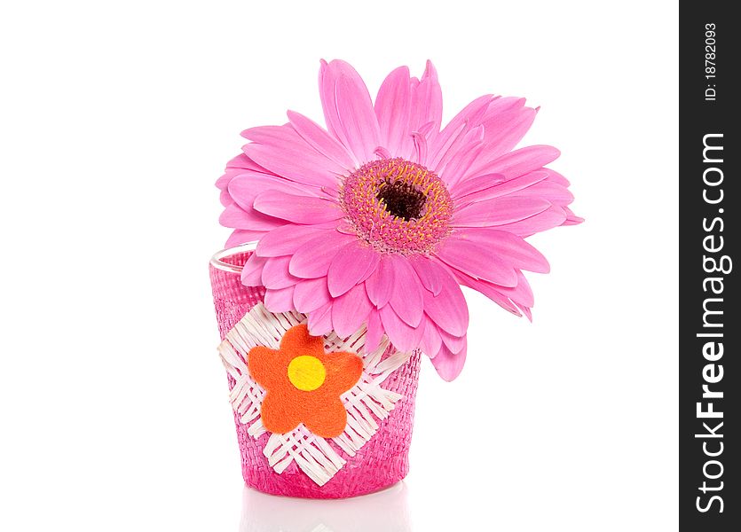A pink gerbera flower in a little flowered glass vase isolated over white