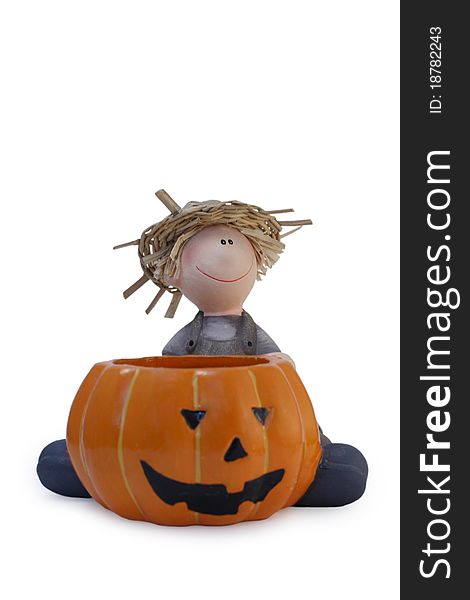 Candlestick in the form of the cheerful guy and Halloween of a pumpkin. Candlestick in the form of the cheerful guy and Halloween of a pumpkin