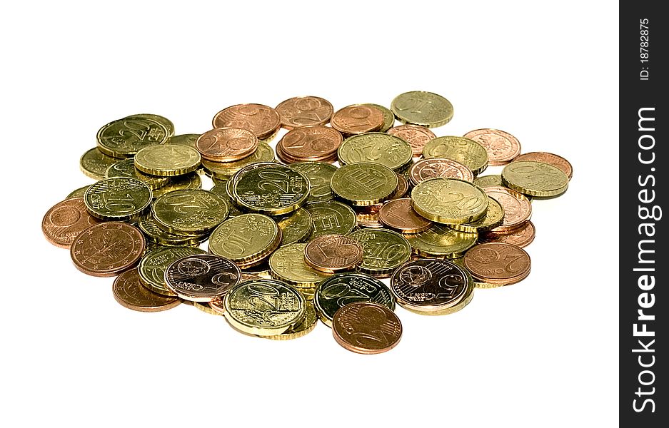 Euro cents coins background isolated on white background.