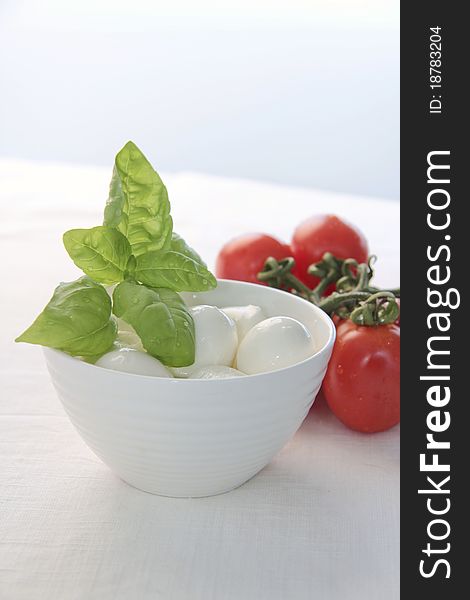 Dish with mozzarella and basil leaves
