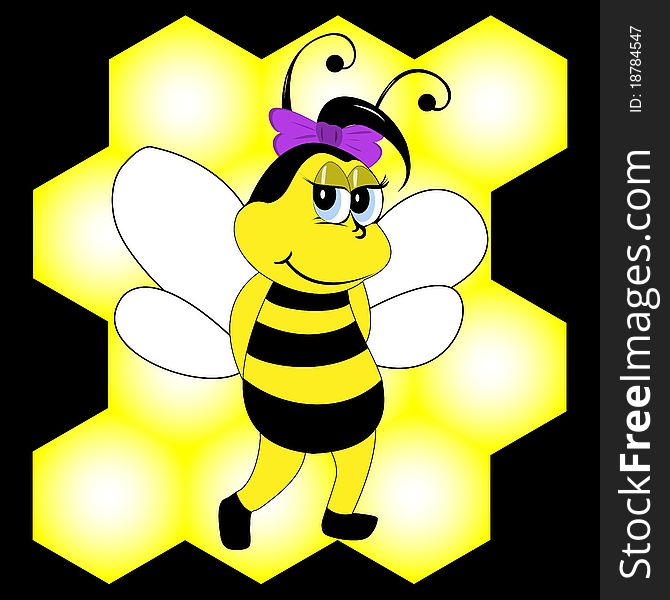 Smiling bee on honeycomb background, vector illustration, eps10