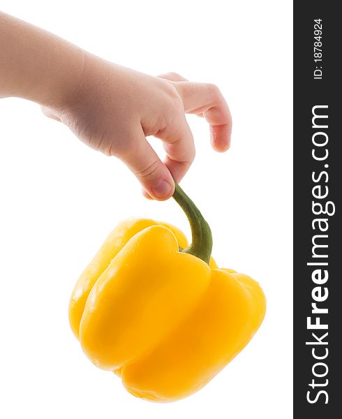 Bulgarian pepper in children's hands on a white background