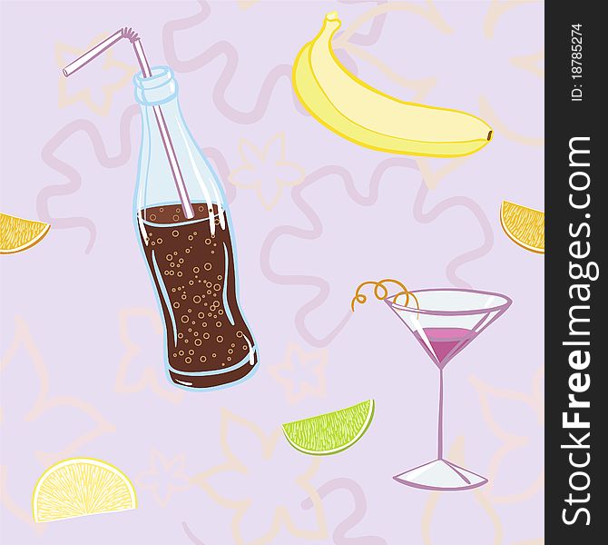 Seamless texture with coke, cocktail and fruits. Seamless texture with coke, cocktail and fruits