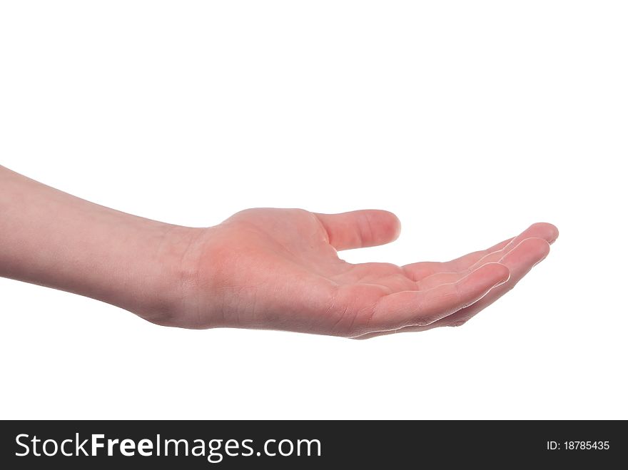 Stretched boy's hand isolated on white background. Stretched boy's hand isolated on white background
