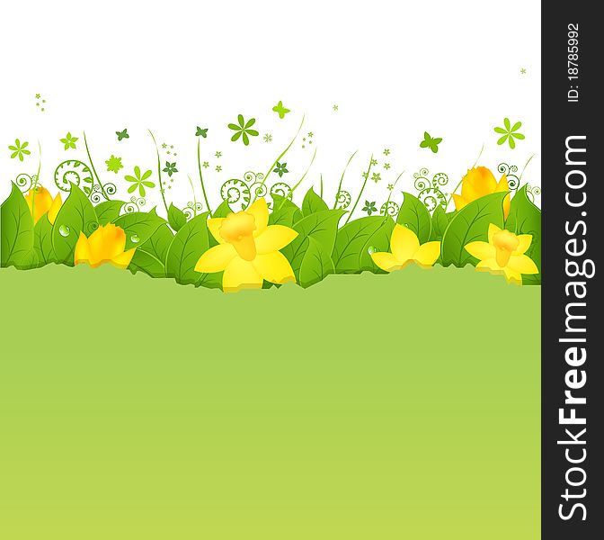 Nature Background With Green Leaves And Narcissuses, Vector Illustration