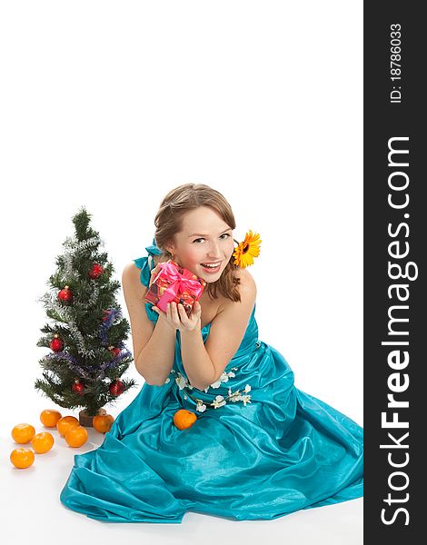 Young beautiful woman with Christmas tree and a gift. Young beautiful woman with Christmas tree and a gift.