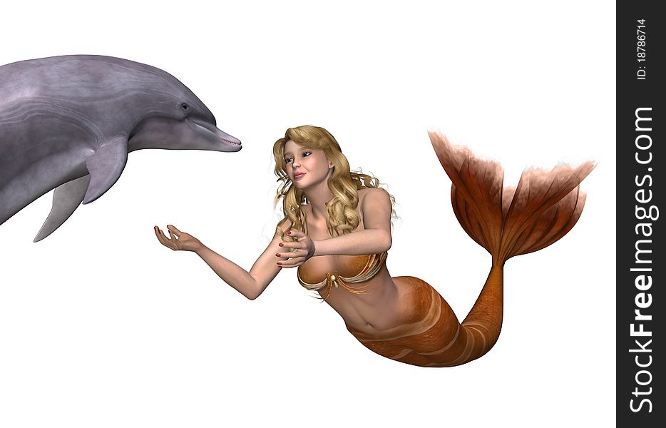 A beautiful mermaid greets a friendly dolphin - 3D render. A beautiful mermaid greets a friendly dolphin - 3D render.