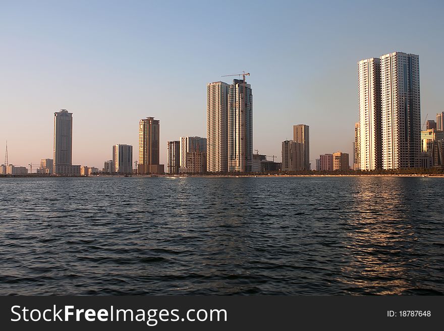 Sunlit panorama of lagoon in sharjah. UAE. Sunlit panorama of lagoon in sharjah. UAE.