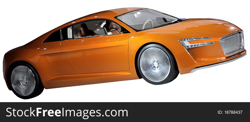 Orange luxury electric coupe car isolated on white. Orange luxury electric coupe car isolated on white