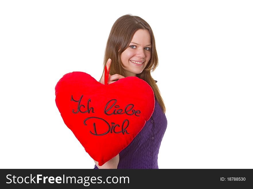 Friendly young woman with velvet heart - isolated on white background. Friendly young woman with velvet heart - isolated on white background