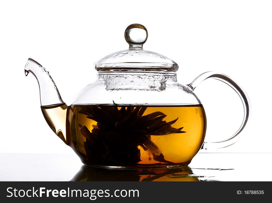 Tea in glass pot isolated