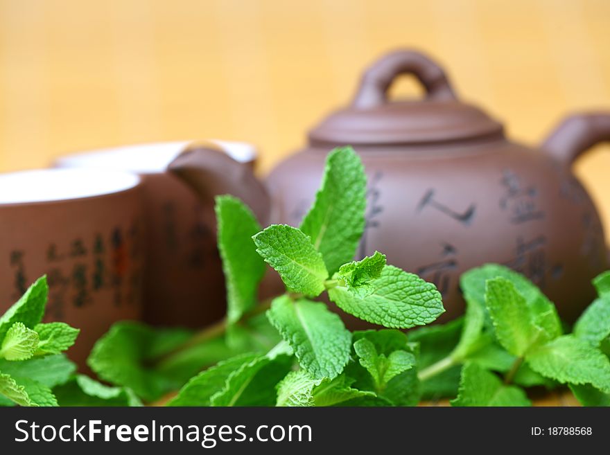 Mint tea on china background