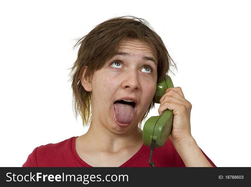 Young stressed woman on telephone - isolated on white background. Young stressed woman on telephone - isolated on white background