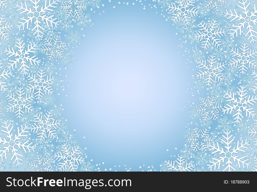 Vector illustration of frosty snowflakes over a light blue background