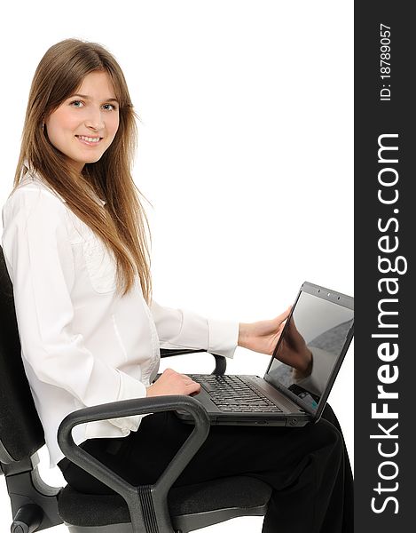 Woman with laptop on a white background