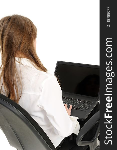 Woman with laptop on a white background