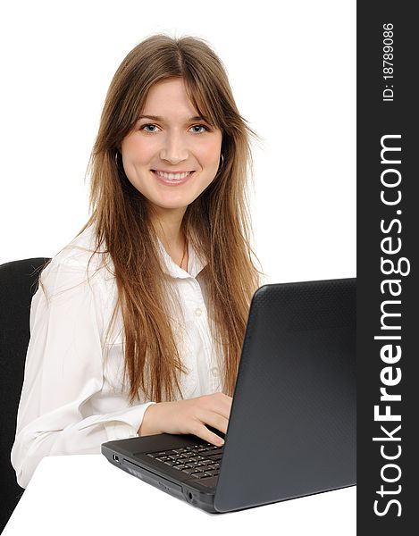 Woman with laptop on a white background