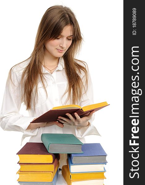 Student girl with books on white background