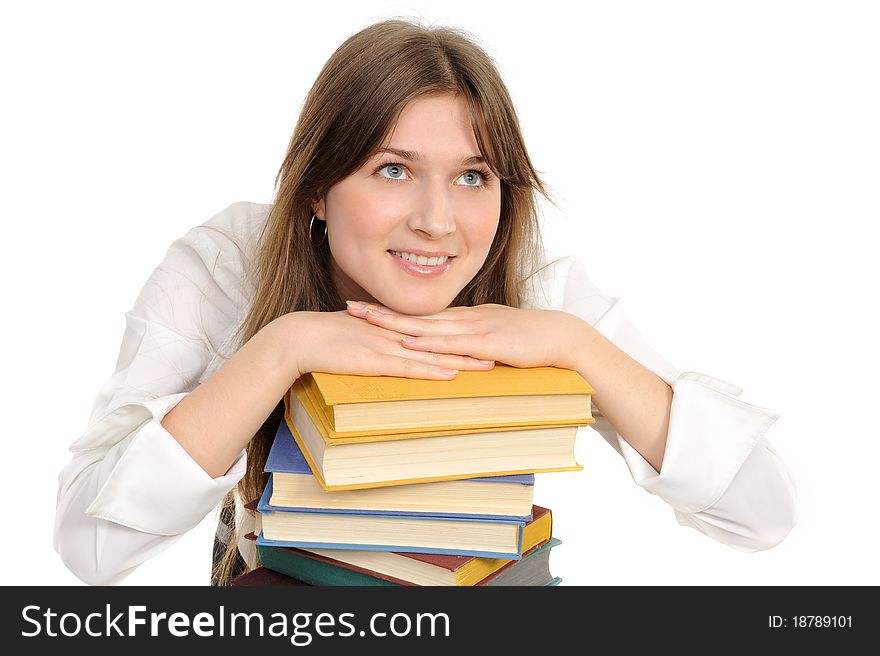 Student girl with books on white background