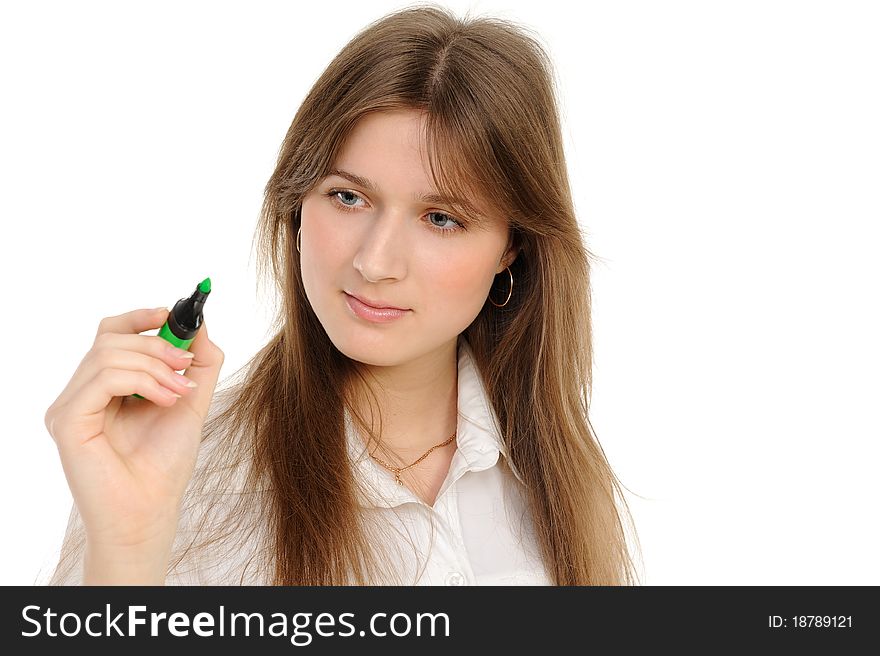 Woman drawing something on screen with a pen - isolated over a white background