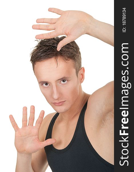 A young dancer in training, the portrait on a white background. A young dancer in training, the portrait on a white background.