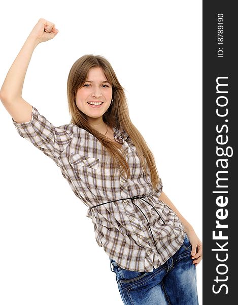 Excited youngwoman enjoying success on white background
