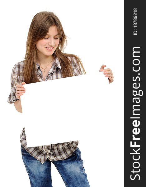 Young woman holding empty white board, on a white background