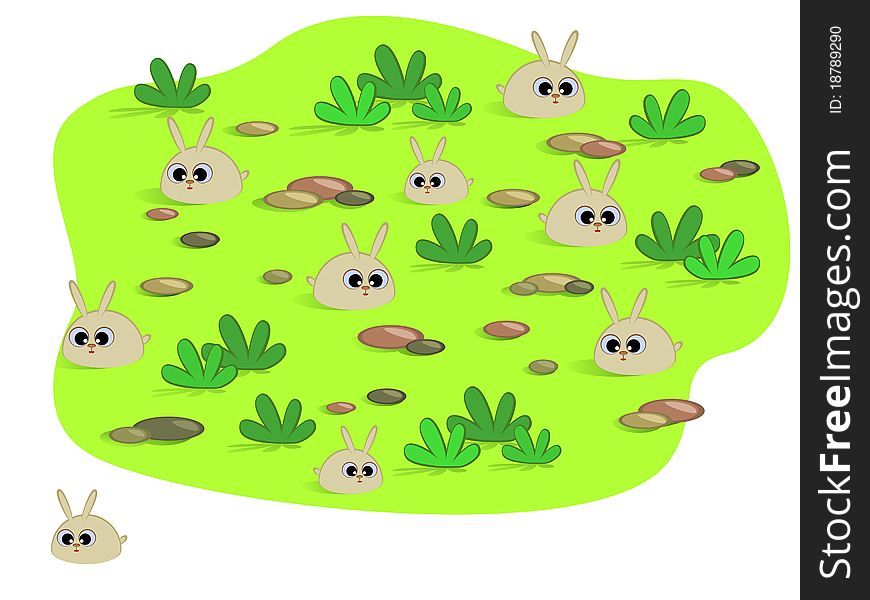 Cute cartoon rabbits in a meadow. An isolated image. Cute cartoon rabbits in a meadow. An isolated image.