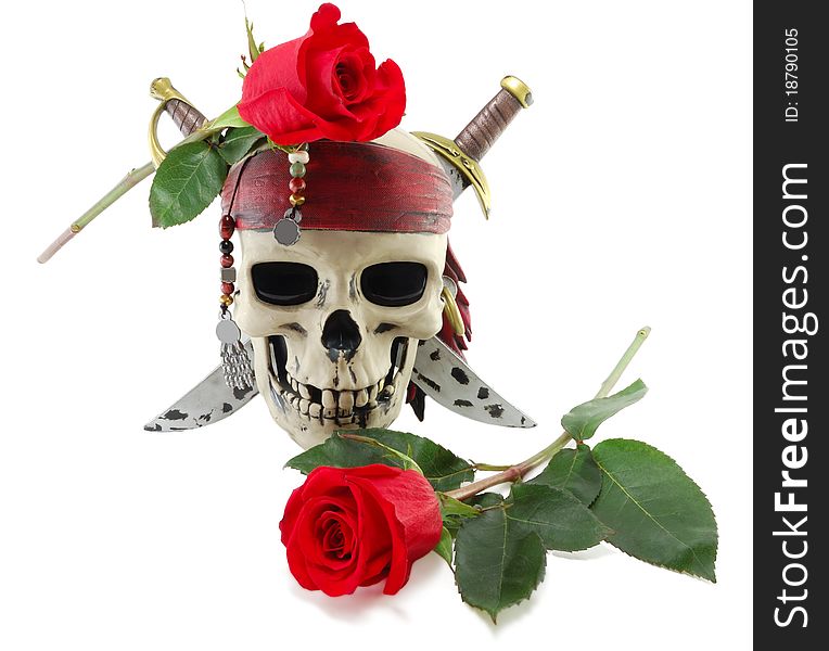 Skull and red rose isolated on white background